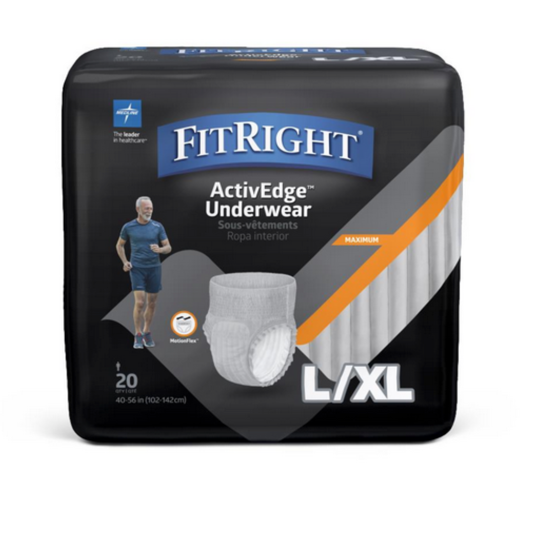 FitRight ActivEdge Underwear for Men in size L/XL (40-56 in) offers moderate absorbency and odor control. The package, with black, orange, and gray accents, features 20 pieces and images of an elderly man jogging and a close-up of the comfortable fit design.